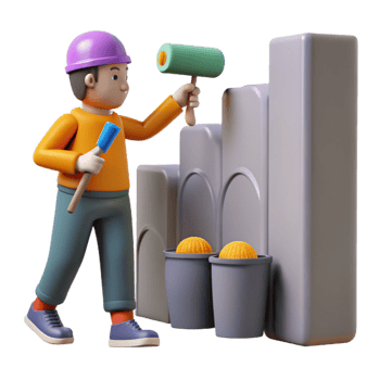 Construction Worker Painting Abstract Structure with Paint Roller and Hammer png