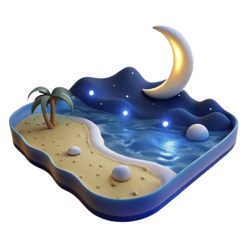 Night Scene Island 3D Render of Tropical Beach and Ocean under Crescent Moon png