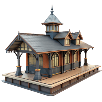Classic Train Station Architectural Model Detailed Design, Vintage Building, Historical Railway Structure png