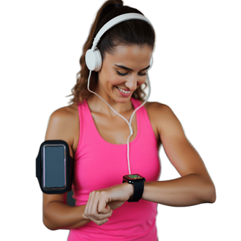 Active Woman Tracking Fitness Progress with Smartwatch Headphones png