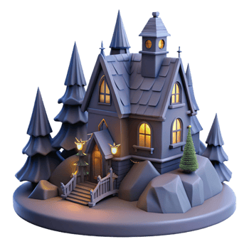 Enchanted House 3D Model Night Scene with Trees and Lights png