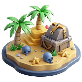 Tropical Island Treasure Hunt 3D Render of a Chest, Skulls, and Palm Trees png