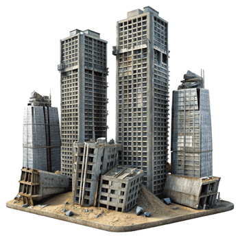 Post-Apocalyptic Cityscape Ruined Skyscrapers and Urban Decay png