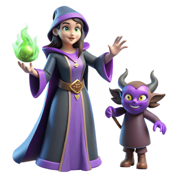 Fantasy Witch and Imp 3D Render Magical Realm Adventure png