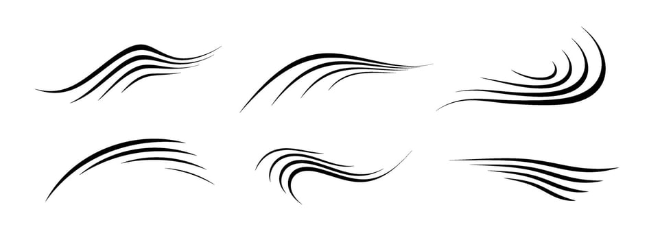 Flowing wind motion line set. Air wave shape collection. Blowing hurricane, breeze or storm lines concept. Black swirls and curves bundle. Flow movement and gust symbol pack vector