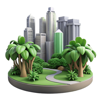 Urban Oasis Cityscape with Lush Greenery and Winding Paths png