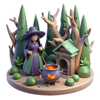 Witch Brewing Potion in Enchanting Forest Scene 3D Render png