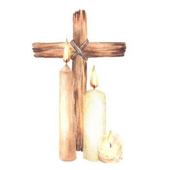 Burning candle with wooden Cross tied with a rope religious composition. Watercolor hand drawn illustration on isolated background. Clipart for First communion, Easter, Church funeral, baptism card png