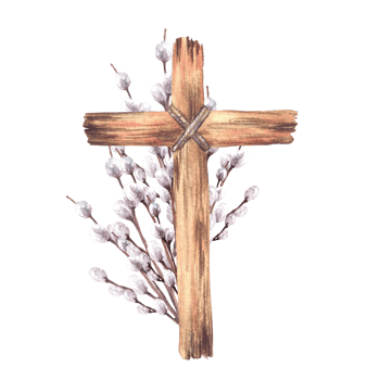 Wooden Cross tied with a rope with willow branches. Religious Church arrangement. Watercolor hand drawn illustration on isolated background. Clipart for First communion, baptism, Easter card. png