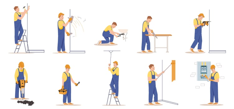 Home craftsmen and repairmen. Professional construction workers with tools set. Male characters in uniform overalls and helmets in different Poses. cartoon flat illustration vector
