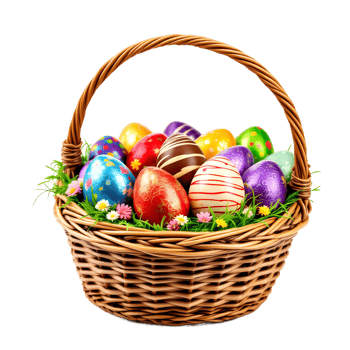 Festive Easter Basket Filled with Decorated Eggs and Spring Flowers png
