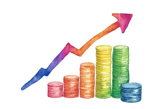 Colorful Watercolor Illustration of Growing Financial Success and Increasing Profits with Upward Trending Arrow Graph and Stacks of Coins png