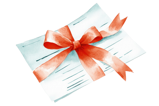 A Watercolor Illustration of a Gift Wrapped Letter Tied with a Coral Ribbon Bow, a Festive and Elegant Design png
