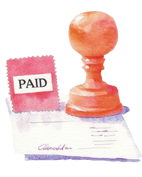 Watercolor Illustration of a Paid Invoice with Rubber Stamp png