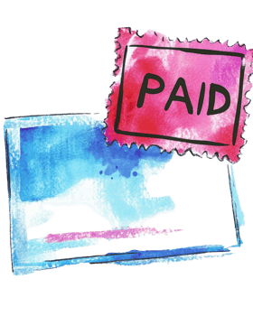 Watercolor Painting of a Paid Postage Stamp Overlapping a Blue Landscape Image png