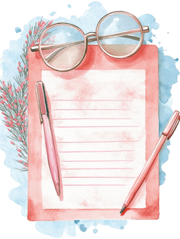 Watercolor Illustration of a Pink Notepad, Pens, and Glasses Ready for Note-Taking png