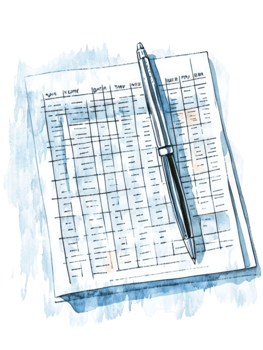 Watercolor Illustration of a Spreadsheet and Pen Detailed Financial Record Keeping and Planning png