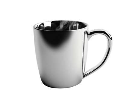 A steaming hot beverage in a silver mug png