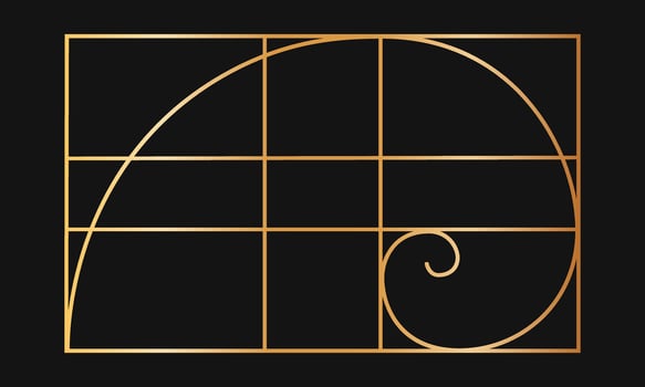 Golden ratio template. Gold logarithmic spiral in rectangle frame divided on lines. Fibonacci sequence grid. Perfect symmetry proportions layout. Nature harmony graphic formula. illustration vector