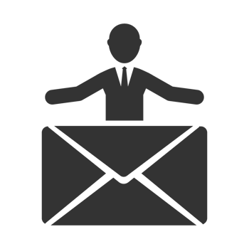 Email icon with a man standing on top of an envelope png