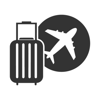 A black and white illustration of a suitcase and airplane png