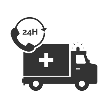 An ambulance truck with a phone icon and a 24 hour clock png