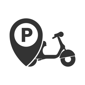 A black and white image of a scooter and a parking sign png