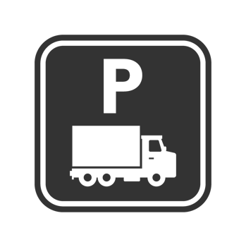 A black and white image of a truck and a parking sign png