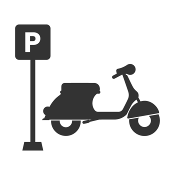 A black and white image of a scooter and a parking sign png