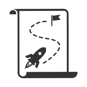 A black and white illustration of a rocket and a paper with a map png