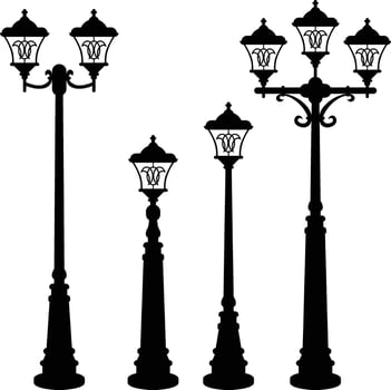 a collection of street lamps with old designs in the form of black and white silhouettes vector