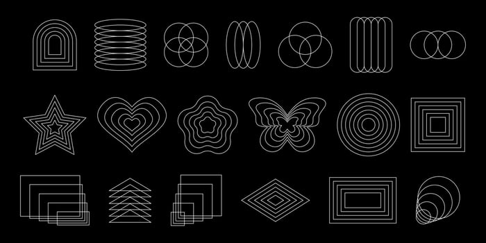 Set of abstract geometric y2k shapes. Repeating white star, butterfly, heart, circle, square, flower symbols in aesthetic postmodern style isolated on black background. graphic illustration vector