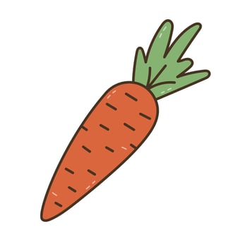 Lovely colored doodle carrot with a leaf. Cute hand drawn fresh vegetable clipart as sign of Easter, springtime, gardening hobbies, dieting. Simple carrot isolated on white for poster, greeting card. vector