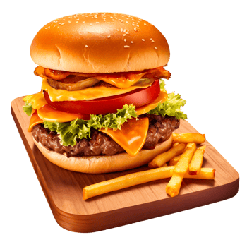 A hamburger and french fries on a cutting board png