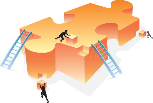 People working on a puzzle piece vector