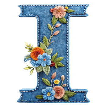The letter I is made of denim with flowers and leaves is isolated on the transparent background png