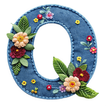 The letter Q is made of denim with flowers and leaves is isolated on the transparent background png