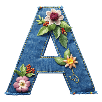 The letter A is made of denim with flowers and leaves is isolated on the transparent background png
