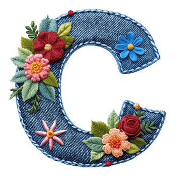 The letter C is made of denim with flowers and leaves is isolated on the transparent background png