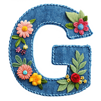 The letter Gis made of denim with flowers and leaves is isolated on the transparent background png