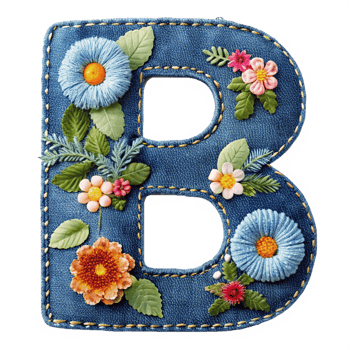 The letter B is made of denim with flowers and leaves is isolated on the transparent background png