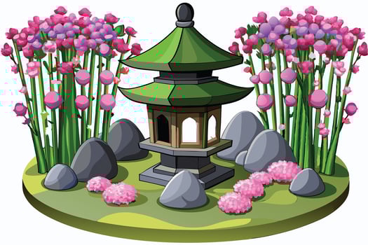 Colorful illustration of a peaceful Asian garden pavilion. vector
