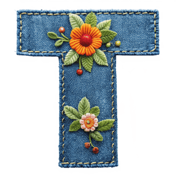 The letter T is made of denim with flowers and leaves is isolated on the transparent background png