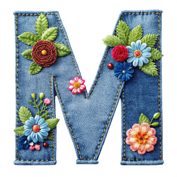 3D letter M is made of denim with flowers and leaves is isolated on the transparent background png