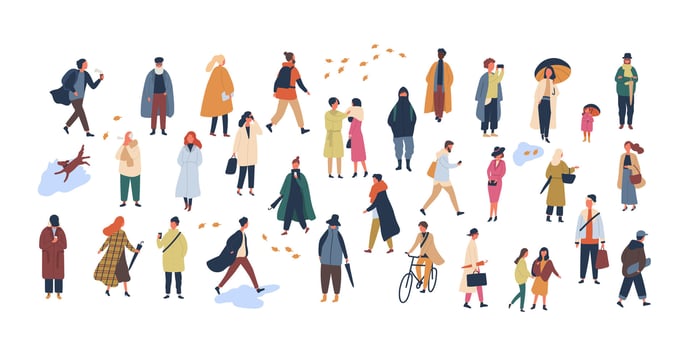 Crowd of tiny people dressed in autumn clothes or outerwear walking on street and performing outdoor activities. Group of men and women isolated on white background. Flat cartoon illustration. vector