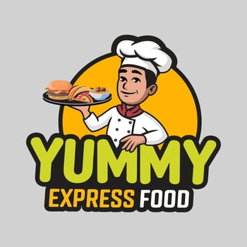Chef mascot logo design for restaurant, cooking man Yummy express food illustration. vector