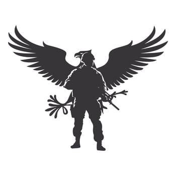 A powerful silhouette of a U.S. Army soldier standing with an eagle, symbolizing strength, courage, and American patriotism. vector