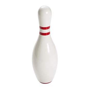 Pristine white bowling pin with bold red stripes near its neck. Smooth surface, perfectly balanced for precision strikes in professional or recreational settings png
