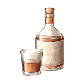 Bottle of rum and glass. Transparent vessels with alcoholic drink, cognac, whiskey. Potion or medicine, vegetable oil. Hand drawn watercolor illustration isolated. Clipart for food industry, menu. png