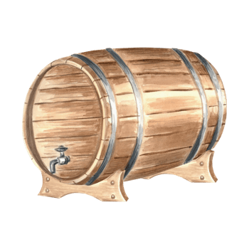 Wooden barrel, cask for rum. Keg for wine, whiskey or beer, with iron rings. Hand drawn watercolor illustration isolated. Oak container for alcoholic drink. Food industry. Clipart for packaging, print png